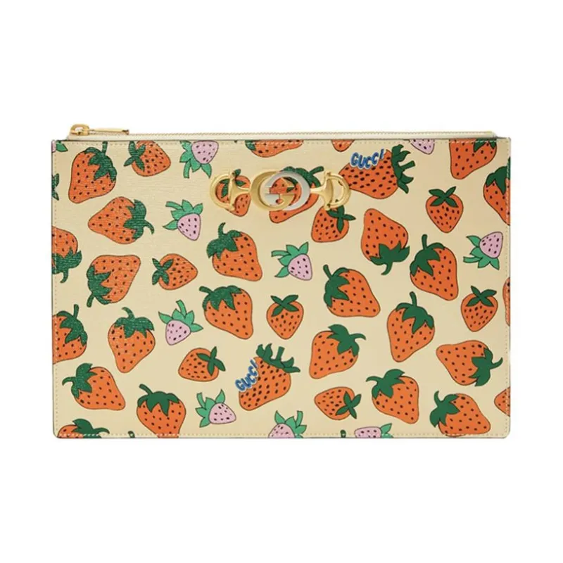 GUCCI Zumi Leather Document Bag Clutch Women's Beige/Orange Red-0