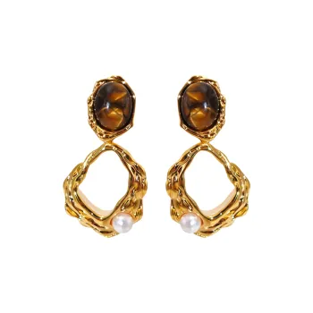 WAW Gold Plated Copper Tiger's Eye Stone Faux Pearl Earrings Women's