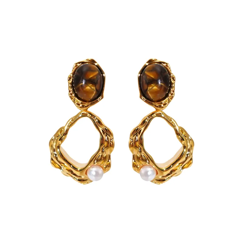 WAW Gold Plated Copper Tiger's Eye Stone Faux Pearl Earrings Women's-0