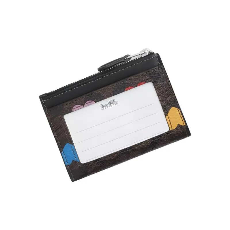 COACH Mini Id Skinny Canvas With Leather Document Bag, Card Holder Mini Women's Silver & Brown Black Multicolor-3