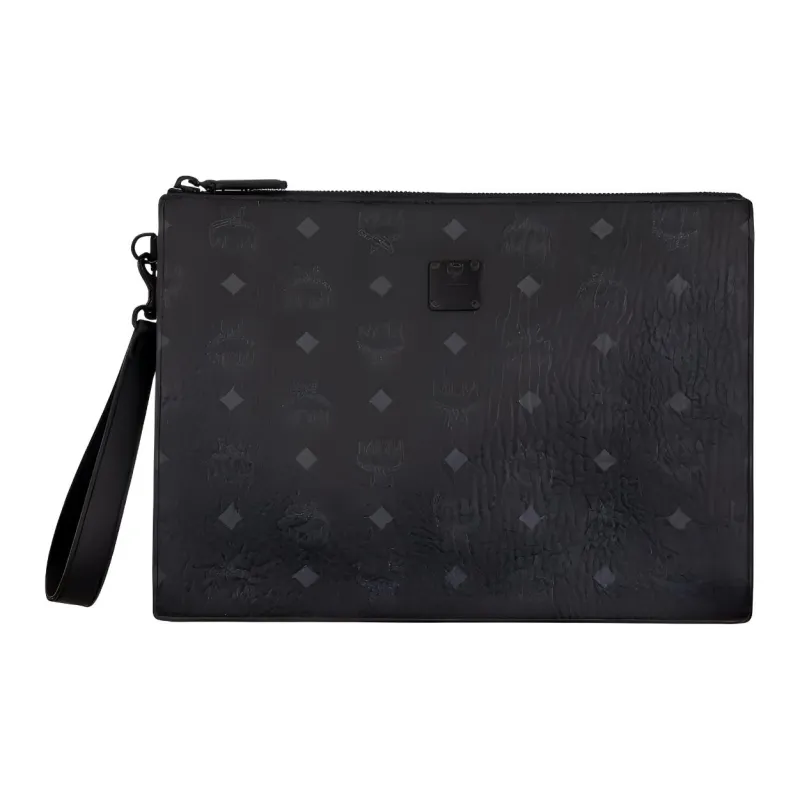 MCM Aren Canvas With Leather Wrist Clutches Medium Size Women's Black-0
