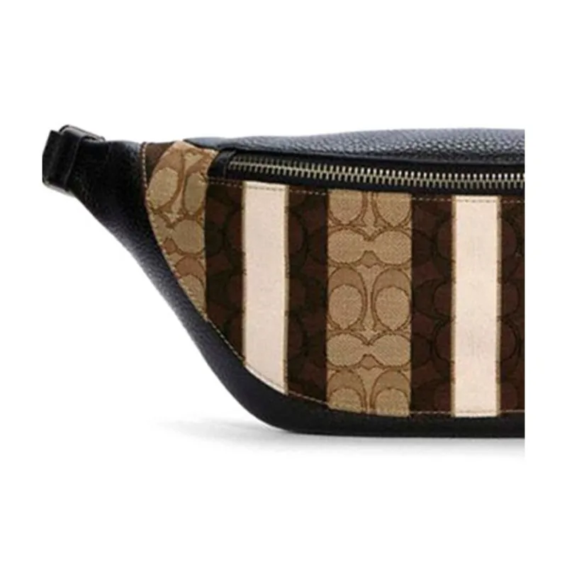 COACH Warren Canvas Cowhide Crossbody Bag Sling Bag Fanny Pack Large Size Men's Khaki Brown And Black Color Blocking-3