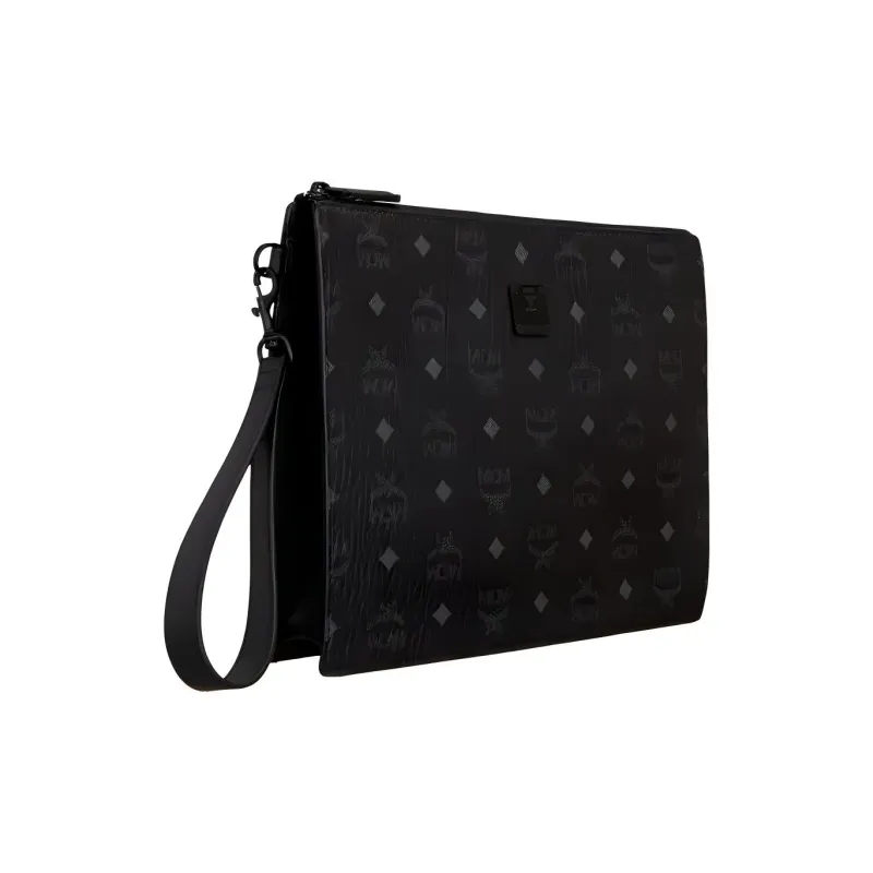 MCM Aren Canvas With Leather Wrist Clutches Medium Size Women's Black-1