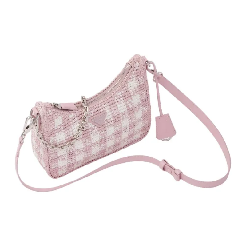PRADA Straw Woven Shoulder Bag Women's Pink-2
