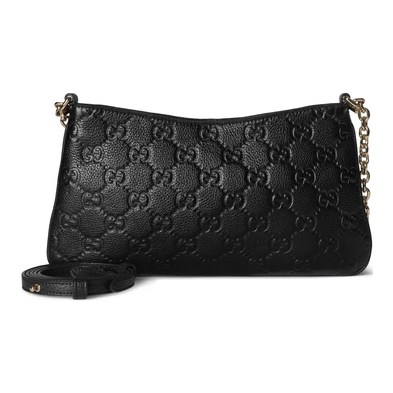 GUCCI GG Emblem Grain Leather Handbag, Shoulder Bag Small Size Women's Black-5