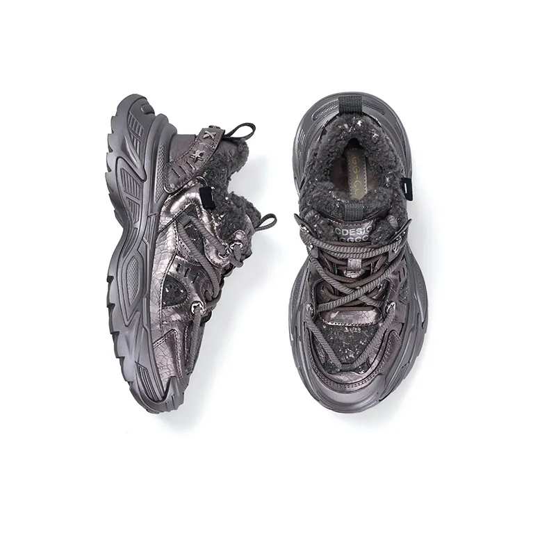 GG-CC Fleece-Lined Chunky Sneakers Cushioning Coverage Wear-Resistant Slip-Resistant Low-Top Warm Casual Shoes Women's-6