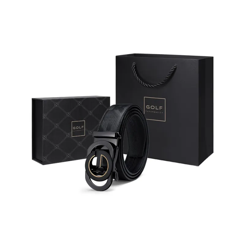 GOLF Top Grain Cow Leather Automatic Buckle Belt Men's Black Gold/Black Silver Width  3.5cm-16