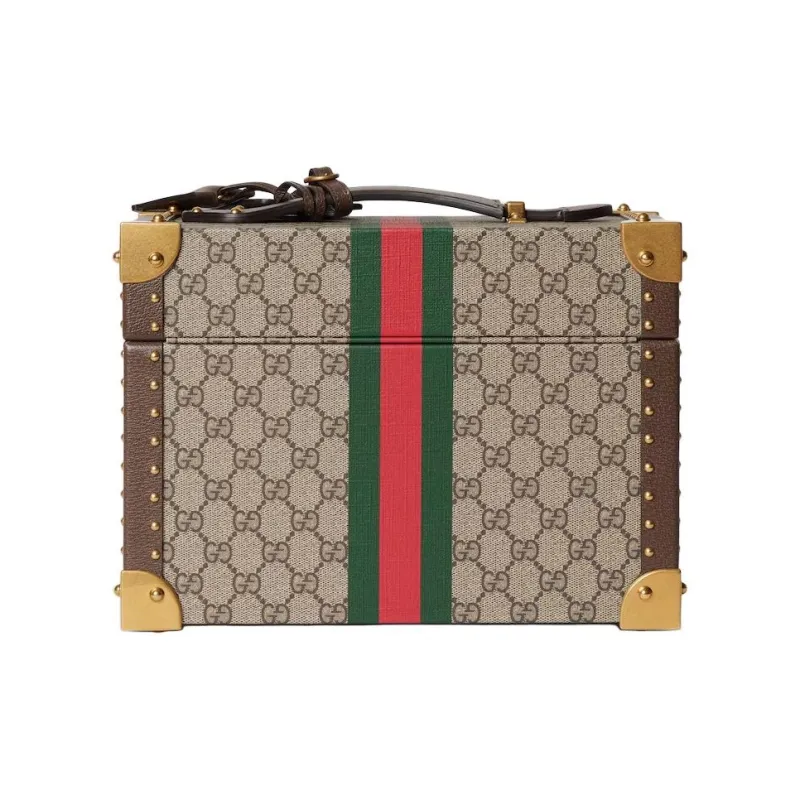 GUCCI Canvas Makeup Case Storage Box Medium Size Women's Beige & Ebony-2