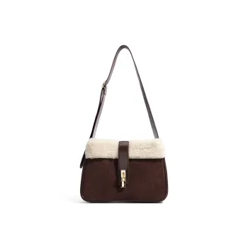 FAIRWHALE Split Suede Cow Leather Messenger Bag, Shoulder Bag Women's Coffee/Leopard Print Coffee/Black/Grape Purple