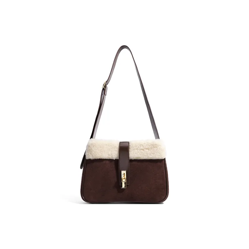 FAIRWHALE Split Suede Cow Leather Messenger Bag, Shoulder Bag Women's Coffee/Leopard Print Coffee/Black/Grape Purple-0