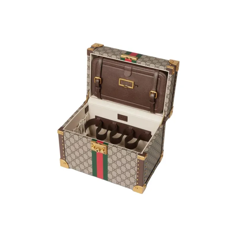 GUCCI Canvas Makeup Case Storage Box Medium Size Women's Beige & Ebony-4