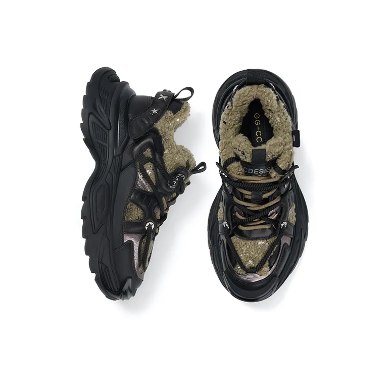 GG-CC Fleece-Lined Chunky Sneakers Cushioning Coverage Wear-Resistant Slip-Resistant Low-Top Warm Casual Shoes Women's-1