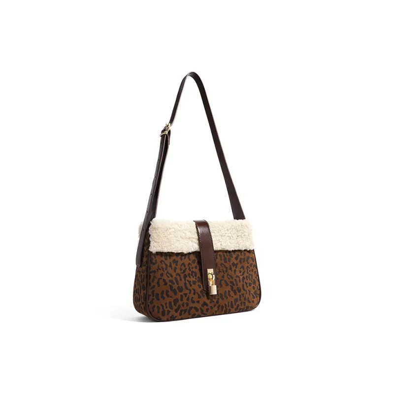 FAIRWHALE Split Suede Cow Leather Messenger Bag, Shoulder Bag Women's Coffee/Leopard Print Coffee/Black/Grape Purple-7