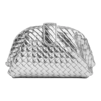 Bottega Veneta Mirror Finish Leather Clutch Small Size Women's Silver