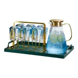 Gradient Blue Crystal Teapot+Gradient Blue Crystal Cup 6 Pack+Gold Stand+Dark Green Iron Tray