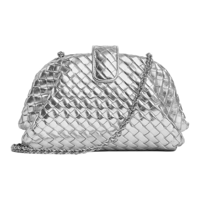 Bottega Veneta Mirror Finish Leather Clutch Trumpets Women's Silver-1