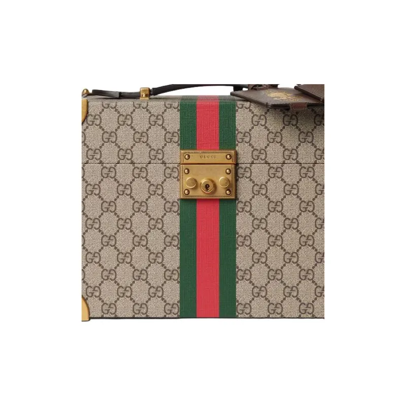 GUCCI Canvas Makeup Case Storage Box Medium Size Women's Beige & Ebony-7