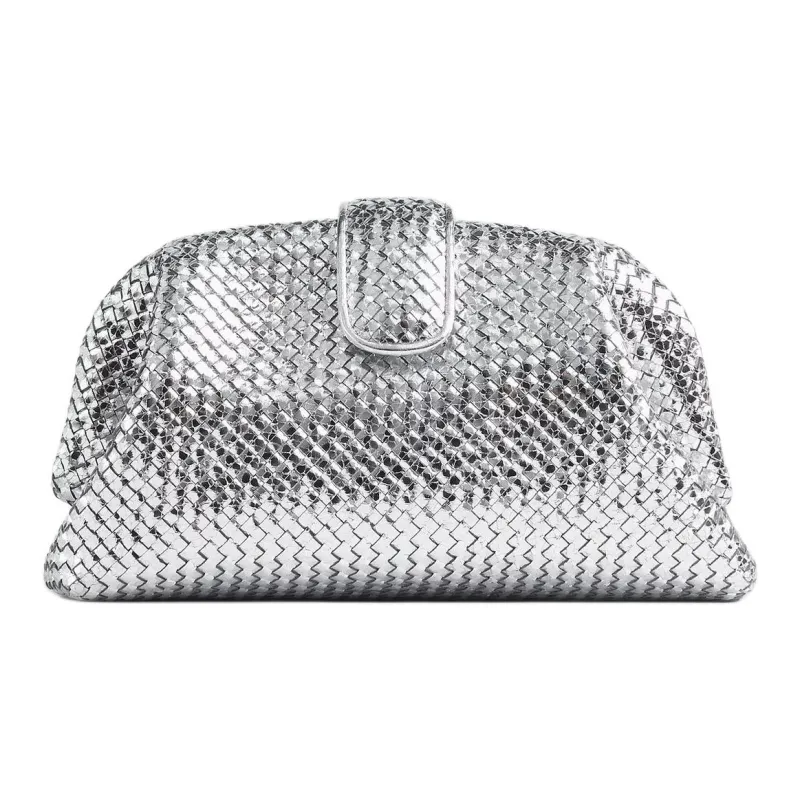 Bottega Veneta Goatskin Clutch Women's Silver-3