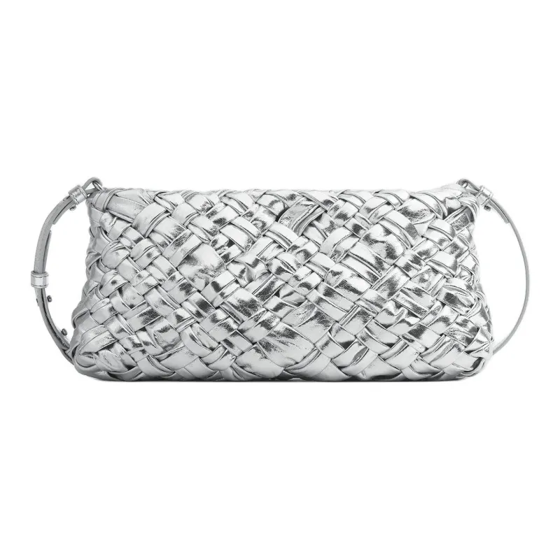 Bottega Veneta Sheepskin One Shoulder Crossbody Clutches Women's Silver-0
