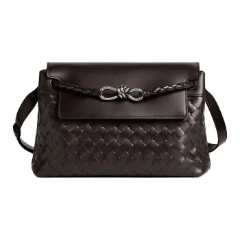Bottega Veneta Calfskin Messenger Bag Crossbody Bags Small Size Men's Dark Brown