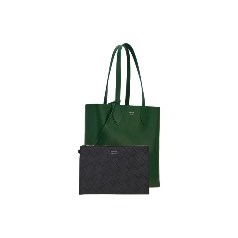 FERRAGAMO Calfskin Tote Bag, Shopping Bag, Handbag Men's Forest Green & Black-1