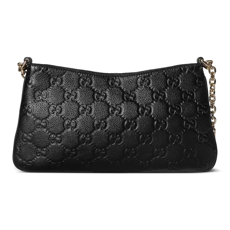 GUCCI GG Emblem Grain Leather Handbag, Shoulder Bag Small Size Women's Black-0