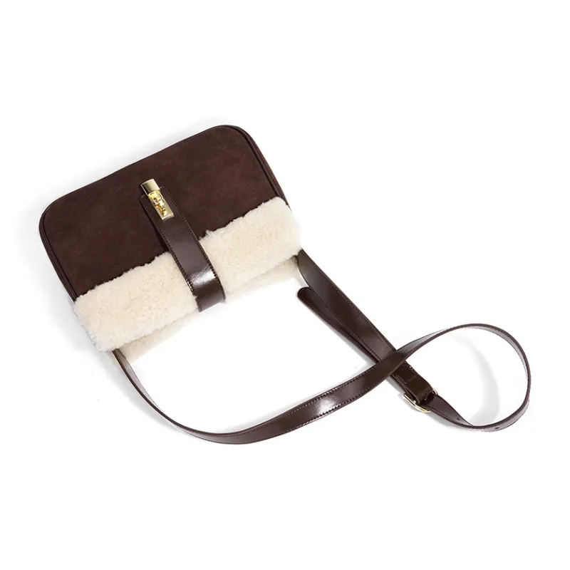 FAIRWHALE Split Suede Cow Leather Messenger Bag, Shoulder Bag Women's Coffee/Leopard Print Coffee/Black/Grape Purple-4