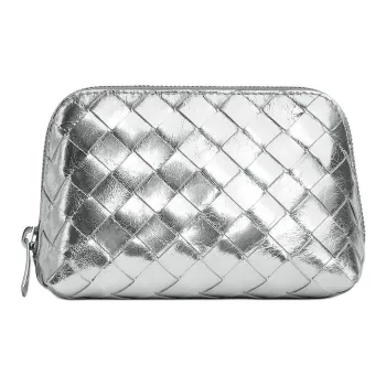 Bottega Veneta Cow Leather Handheld Makeup Bag Small Size Women's Silver