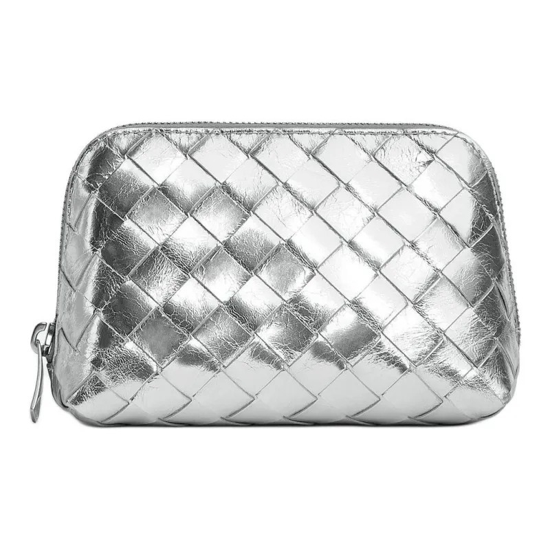 Bottega Veneta Cow Leather Handheld Makeup Bag Small Size Women's Silver-0