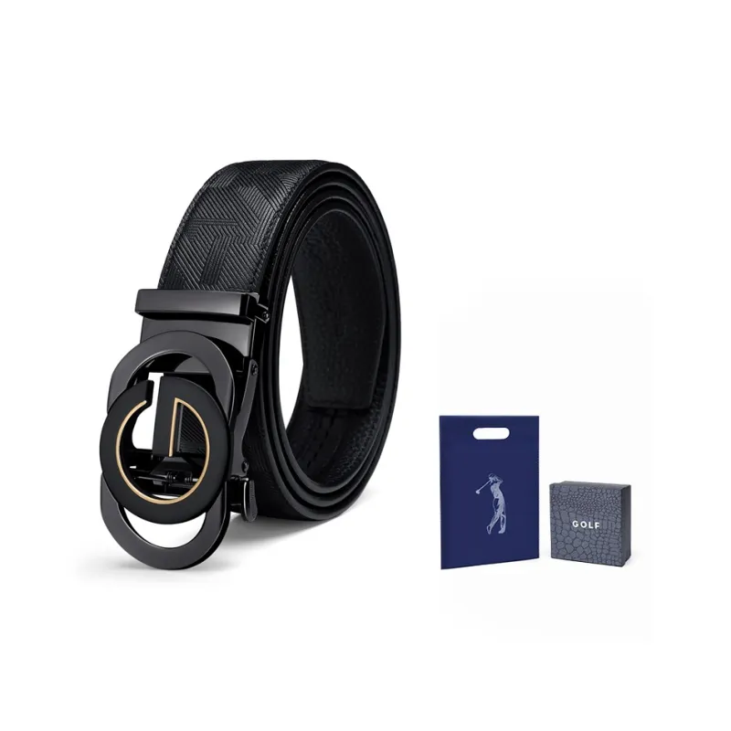 GOLF Top Grain Cow Leather Automatic Buckle Belt Men's Black Gold/Black Silver Width  3.5cm-4