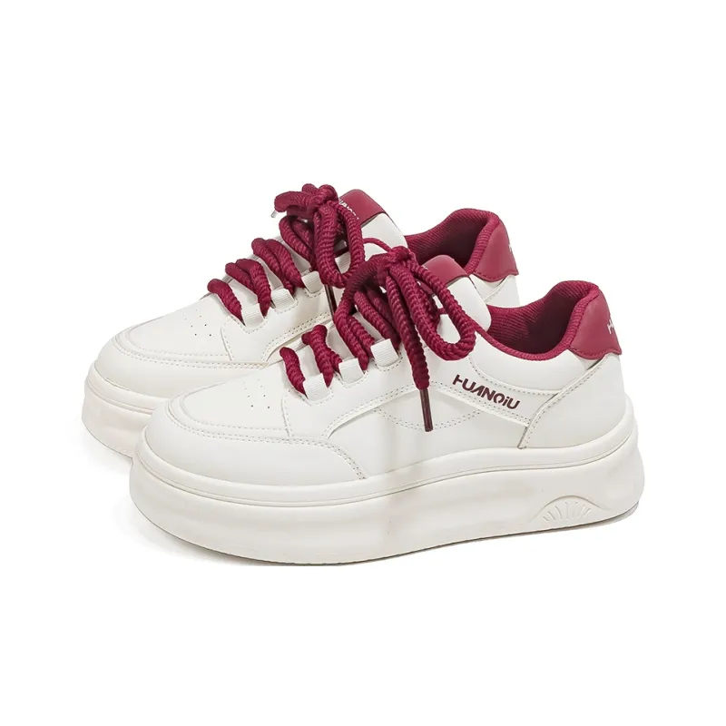 HUANQIU Anti Slip And Wear Resistant Lightweight Low Top Skateboard Shoes Women's Beige Burgundy-1
