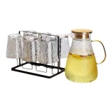 Japanese Hammered Texture Cup 330ml X 6+Hammered Texture Pot+Simple Black Stand