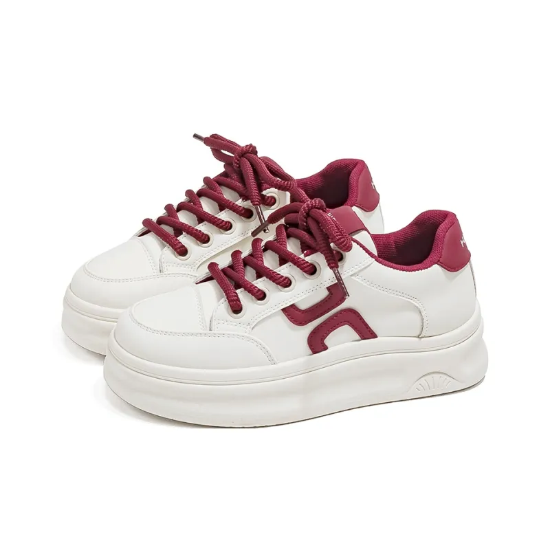 HUANQIU Anti Slip And Wear Resistant Height Increasing Low Top Skateboard Shoes Women's Beige Burgundy-1