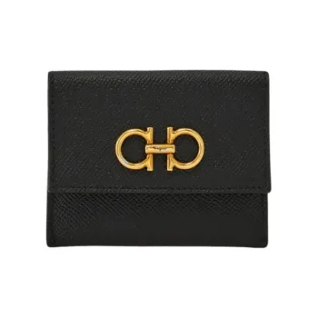 FERRAGAMO GANCINI Calfskin Card Clip Card Holder Women's Black