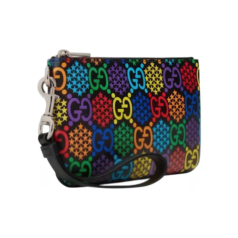 GUCCI Canvas With Leather Trim Wrist Bag Small Size Unisex Black & Multicolor-1