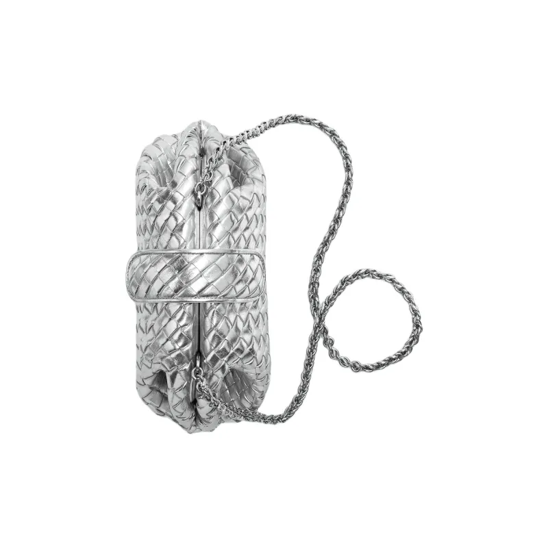 Bottega Veneta Mirror Finish Leather Clutch Trumpets Women's Silver-3