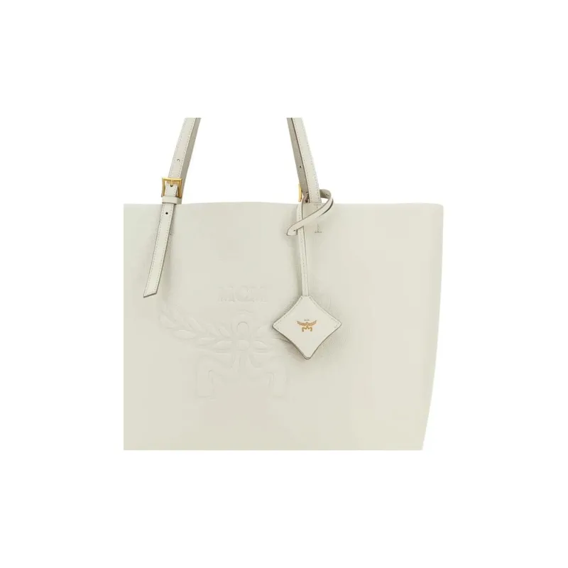 MCM Leather Tote Bag, Shopping Bag, Shoulder Bag, Handbag Tubas Women's White-3