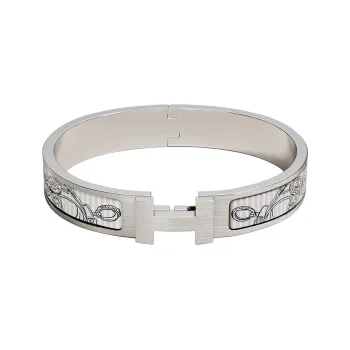 HERMES Enamel Metal Palladium Bangles Men's Silver