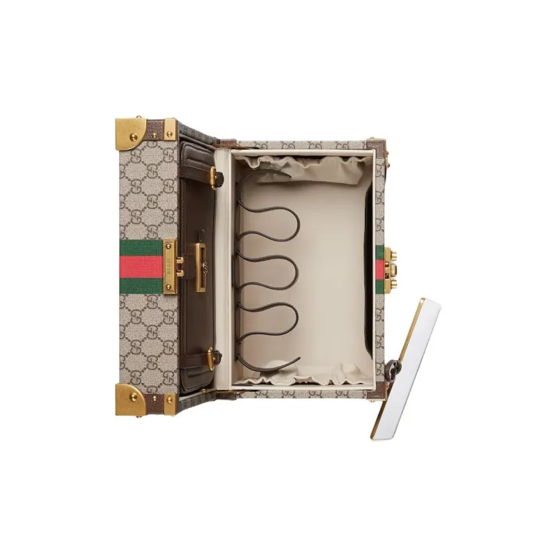 GUCCI Canvas Makeup Case Storage Box Medium Size Women's Beige & Ebony-5