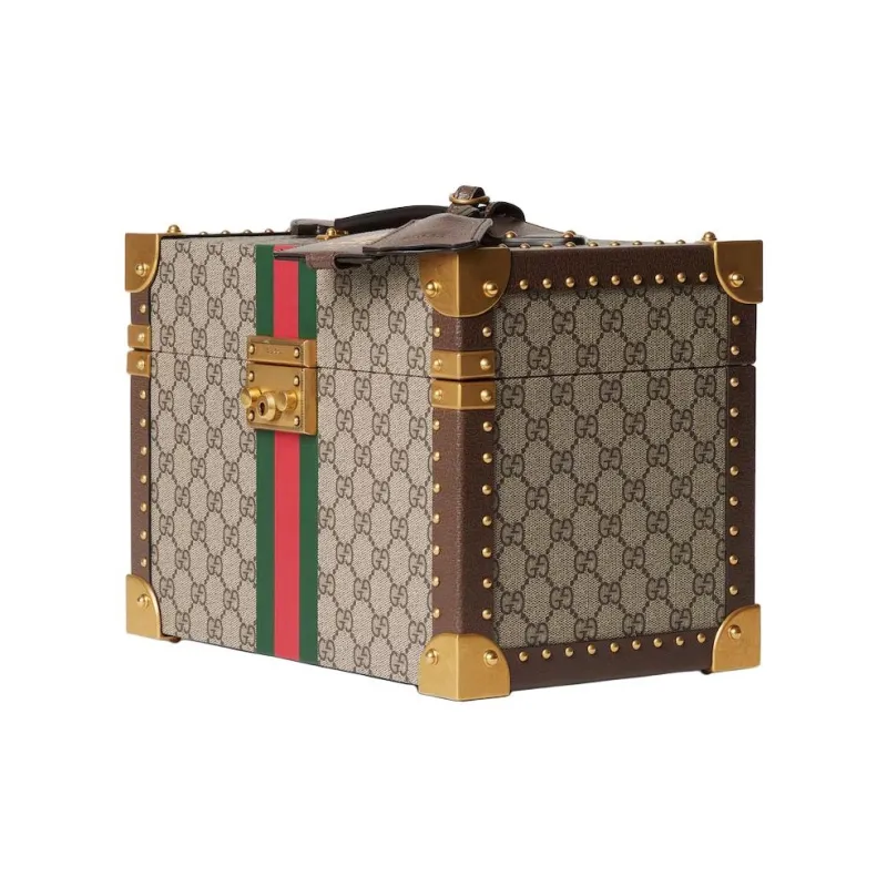 GUCCI Canvas Makeup Case Storage Box Medium Size Women's Beige & Ebony-1