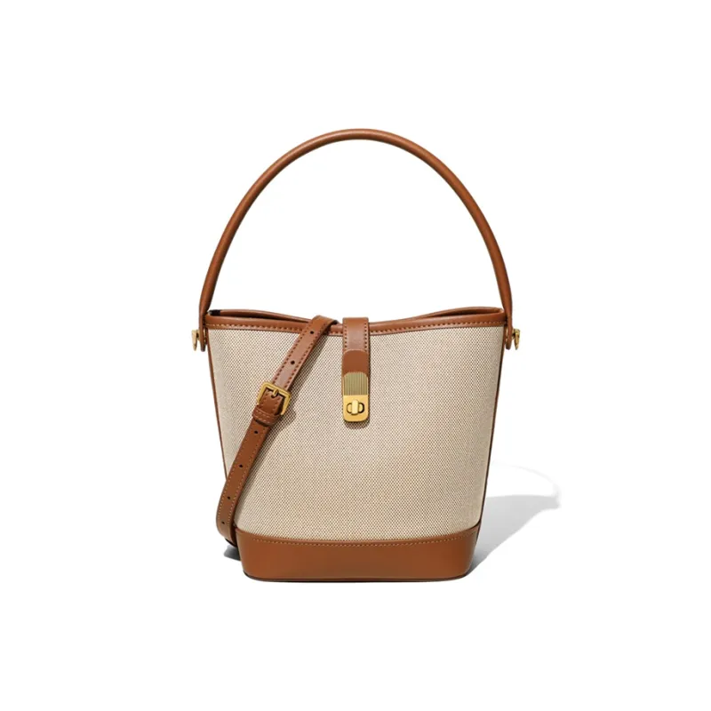 VINEY Fabric Bucket Bag Handbag Medium Size Women's Ecru & Brown-2
