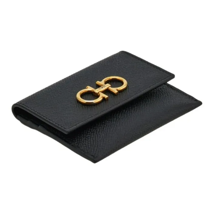 FERRAGAMO GANCINI Calfskin Card Clip Card Holder Women's Black-1
