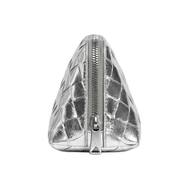 Bottega Veneta Cow Leather Handheld Makeup Bag Small Size Women's Silver-1