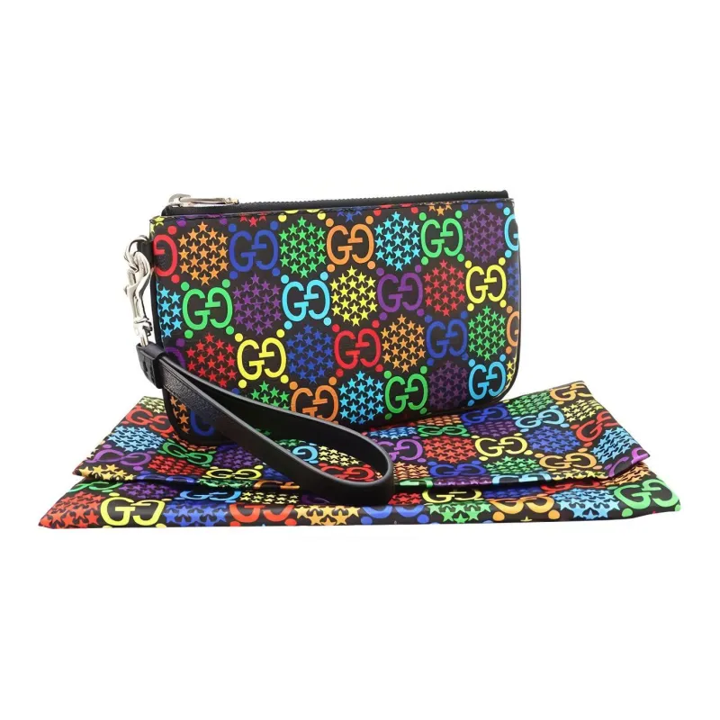 GUCCI Canvas With Leather Trim Wrist Bag Small Size Unisex Black & Multicolor-3