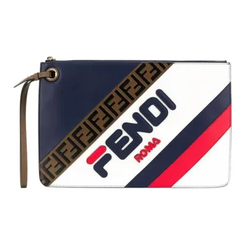 FENDI FILA Collaboration Cow Leather Clutch Medium Size Women's Blue/White