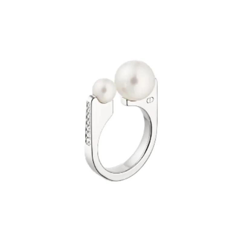 DIOR Metal Resin Pearl Crystal Rings Women's Silver-1