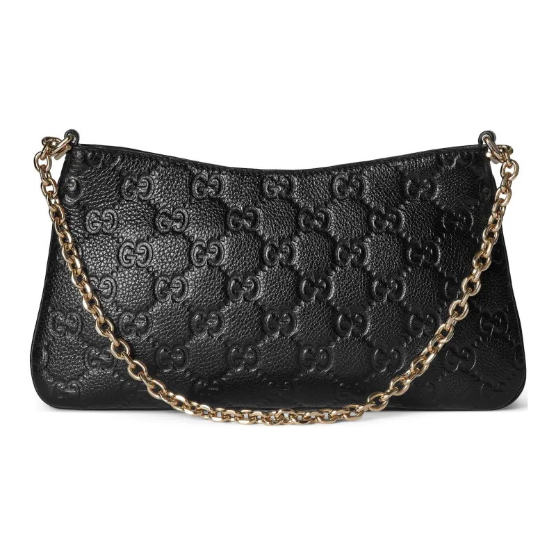 GUCCI GG Emblem Grain Leather Handbag, Shoulder Bag Small Size Women's Black-4