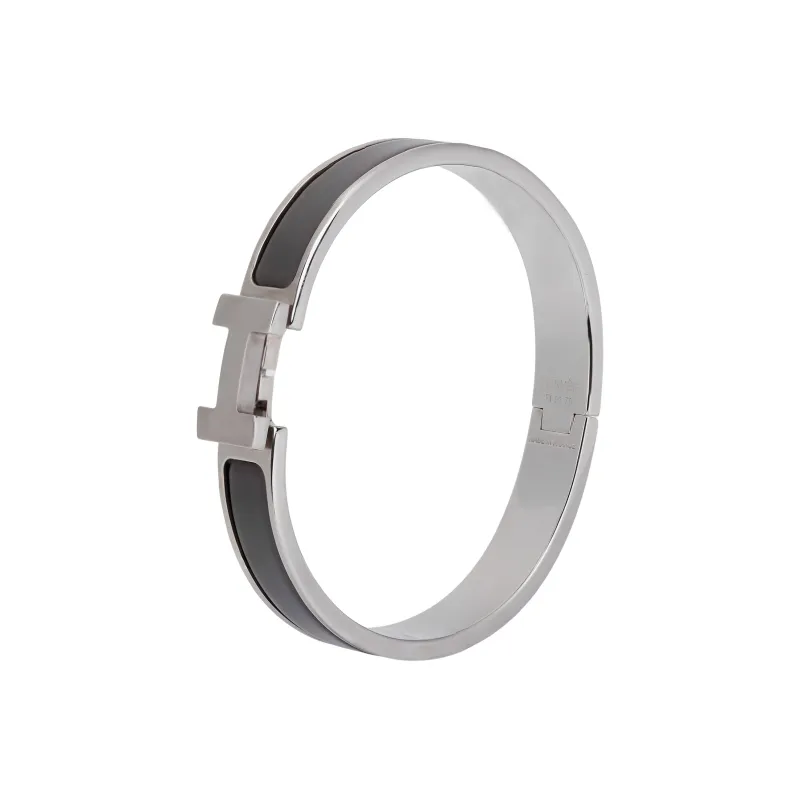 HERMES Clic HH Plated Rake Bangles Unisex Matte Tin Gray-1