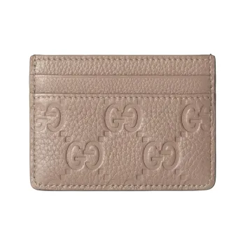 GUCCI Grained Leather Card Holder Women's Taupe