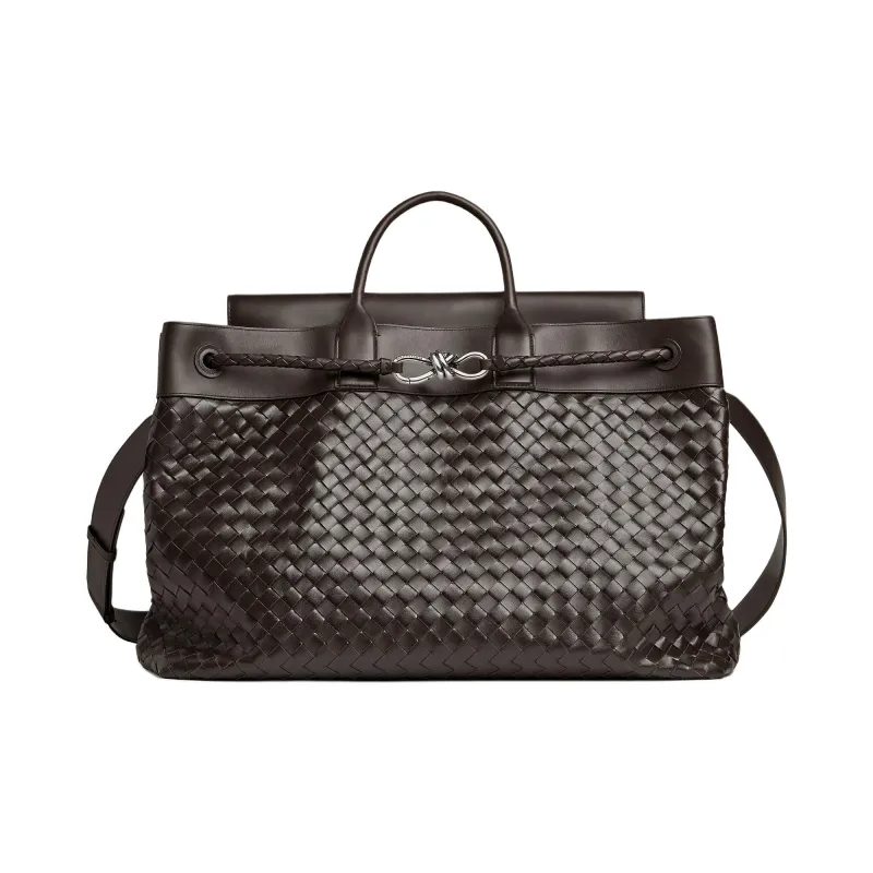 Bottega Veneta Calfskin Handbag Large Size Men's Dark Brown-0